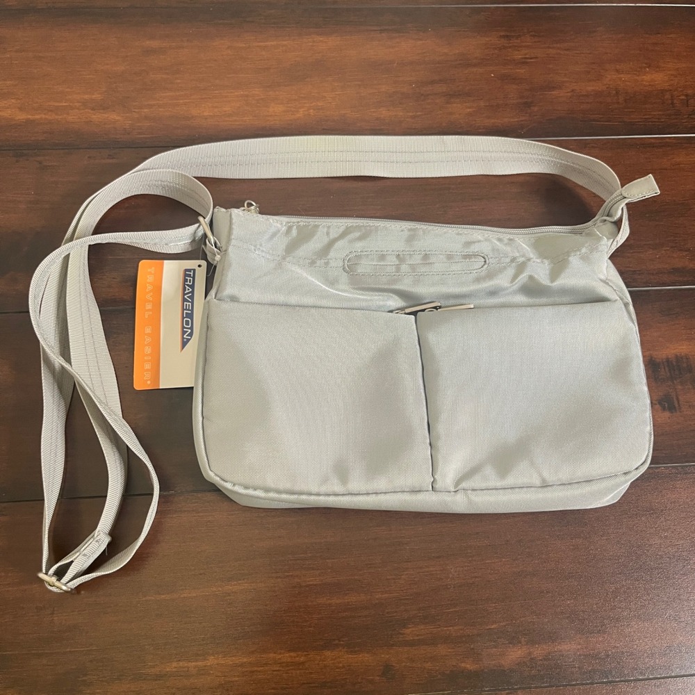 New Travelon Anti Theft Crossbody Bag Women Silver Gray Adjustable Strap Nylon